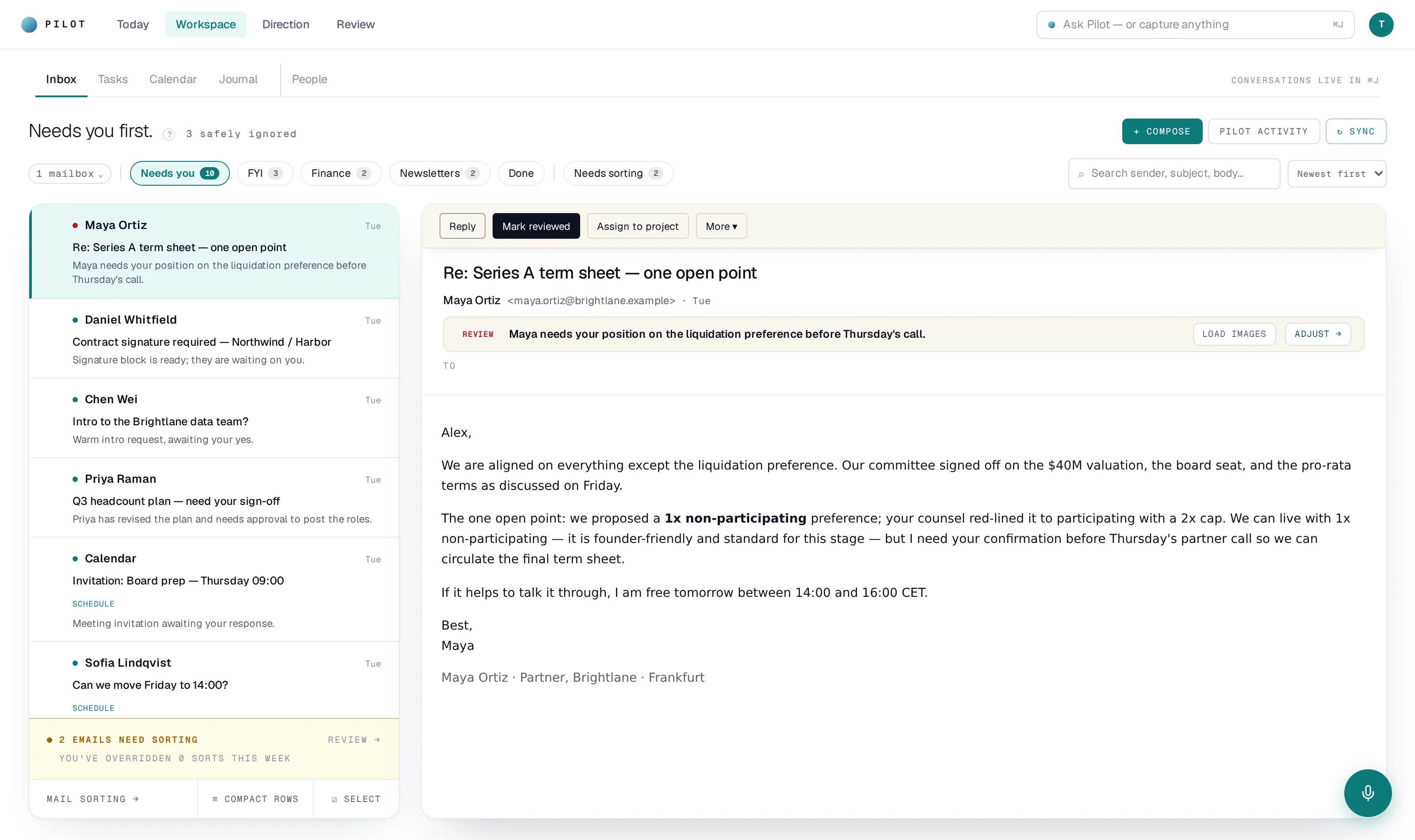 PILOT inbox: triage piles, per-email AI summaries, and a reading pane with actions