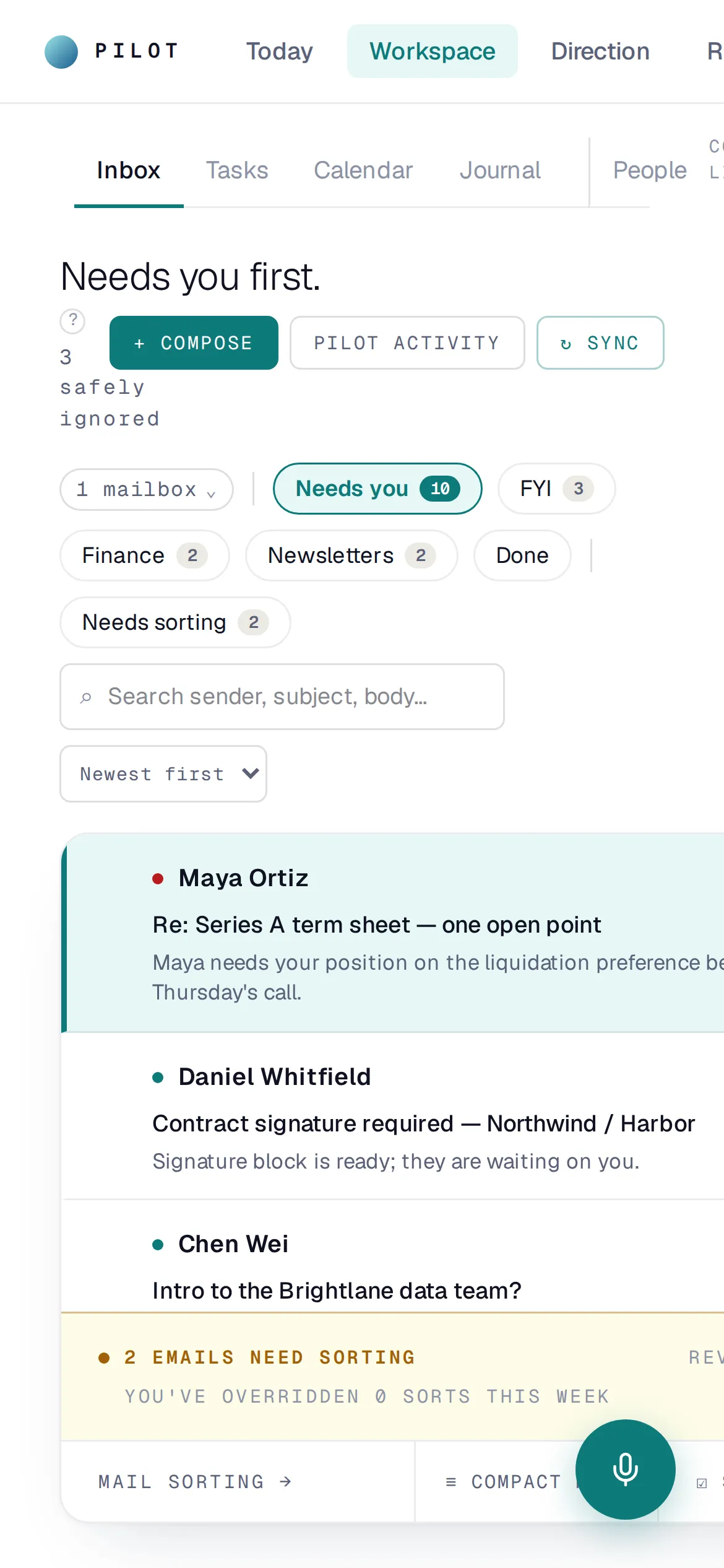 PILOT inbox at phone width: triage piles and per-email AI summaries