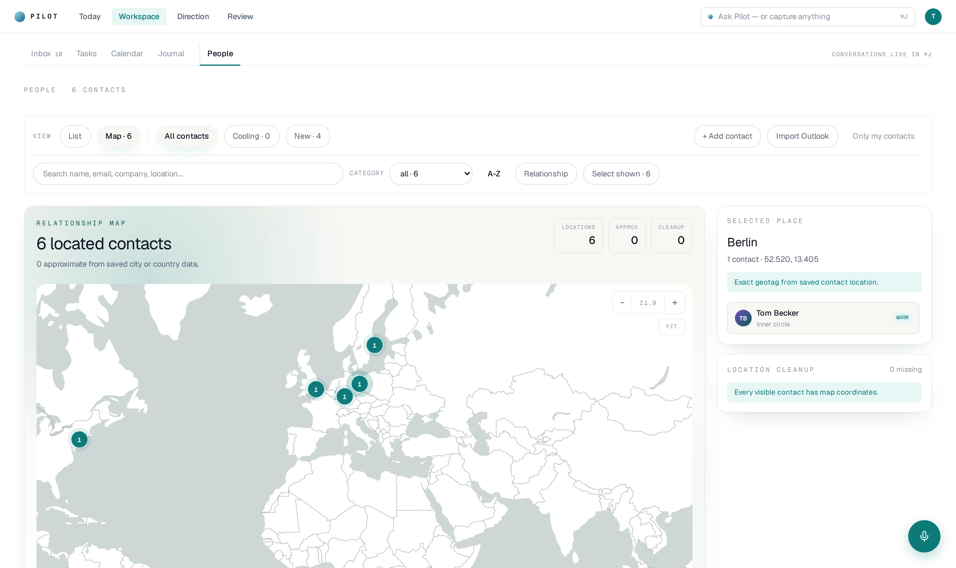Relationship map: contacts plotted on a world map with warmth and location cards